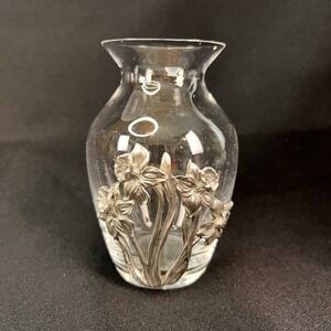 Vtg Seagull Pewter, Applied Pewter Floral Glass Vase - Daffodil